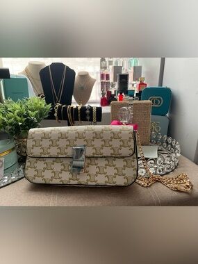 ✨White & Gold Triomphe-Print Shoulder Crossbody Bag & Zipper Coin Case✨NEW